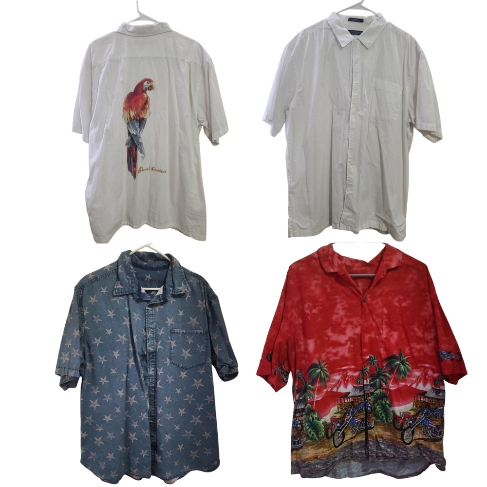 Casual Men's Shirt Collection - Parrot, Star, and Tropical Motorcycle Designs